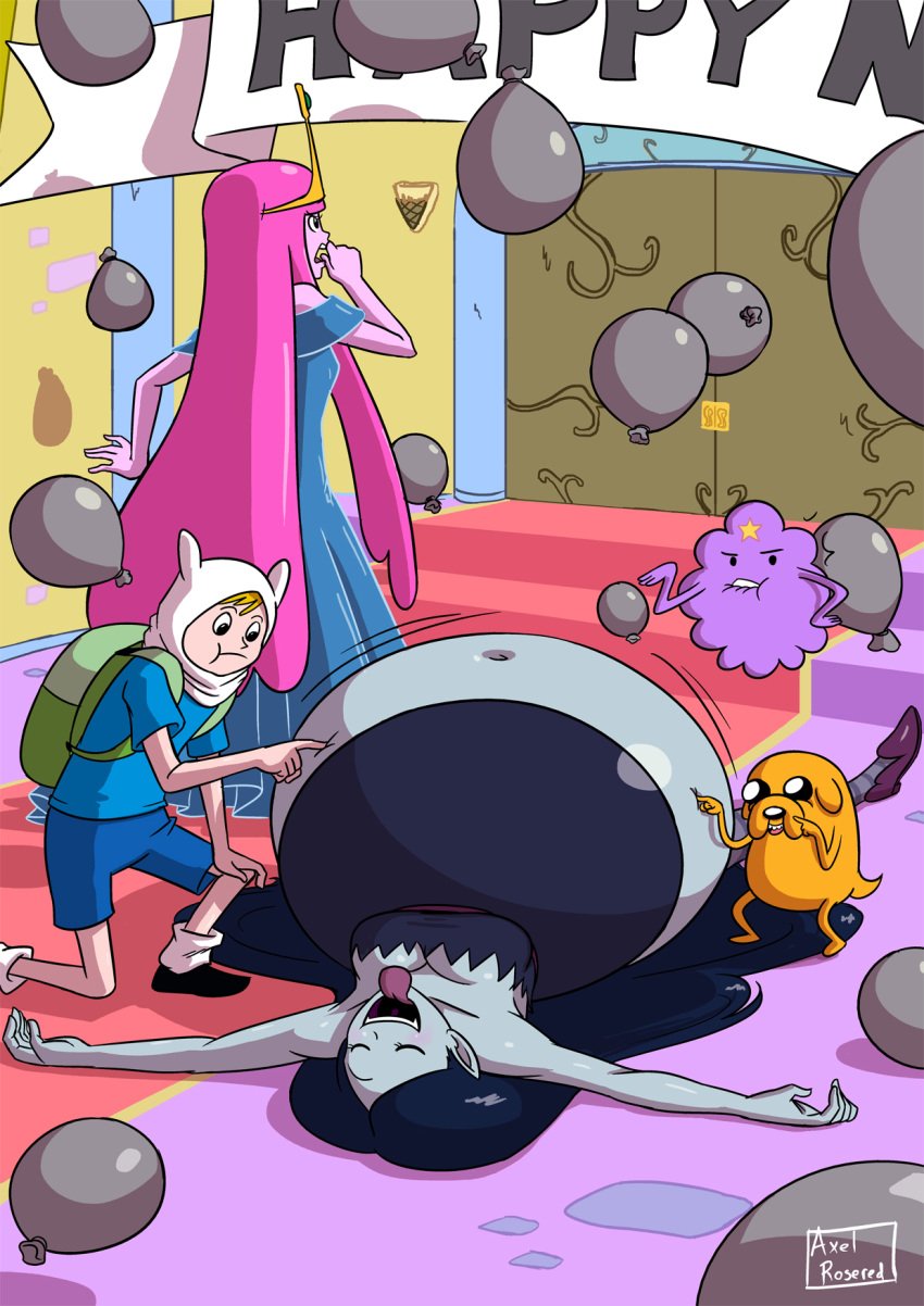 3girls adventure_time axel-rosered backpack bag balloon belly_expansion belly_inflation big_belly black_hair blonde_hair breasts busty canon_couple cleavage clothed crown fangs female finn_the_human fully_clothed grey_skin human inflation jake_the_dog long_hair lumpy_space_princess male marceline pale_skin pink_hair pointy_ears princess_bubblegum tongue vampire voluptuous