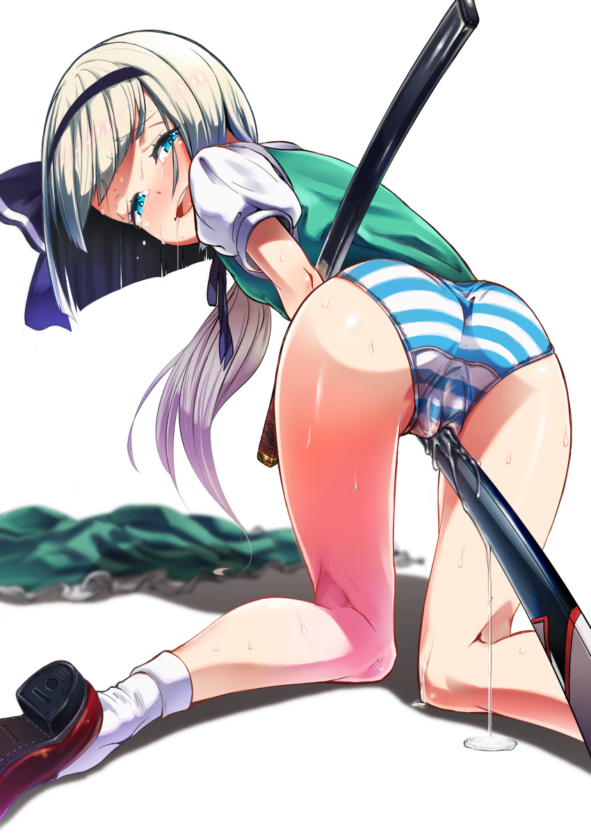 1girls absurdres ass cameltoe femcum_under_clothes frottage highres kneeling kozou20xx looking_at_viewer looking_back masturbation panties pussy_juice pussy_juice_puddle pussy_juice_trail saliva scabbard sheath skirt skirt_removed solo striped striped_panties sweat sword tears touhou underwear weapon wet youmu_konpaku