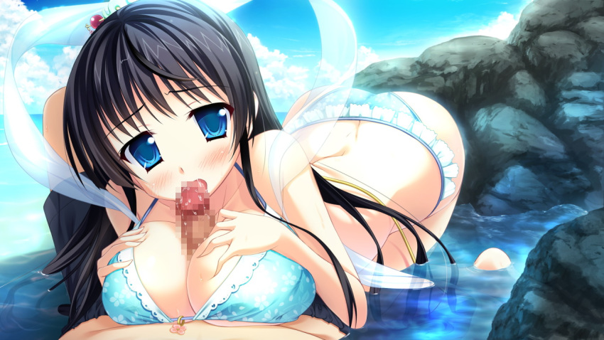 black_hair blue_eyes breasts censored collarbone female game_cg large_breasts long_hair magical_marriage_lunatics!! mitsu_no_tama_yori_hime moonstone open_mouth paizuri penis rock water wet yamakaze_ran