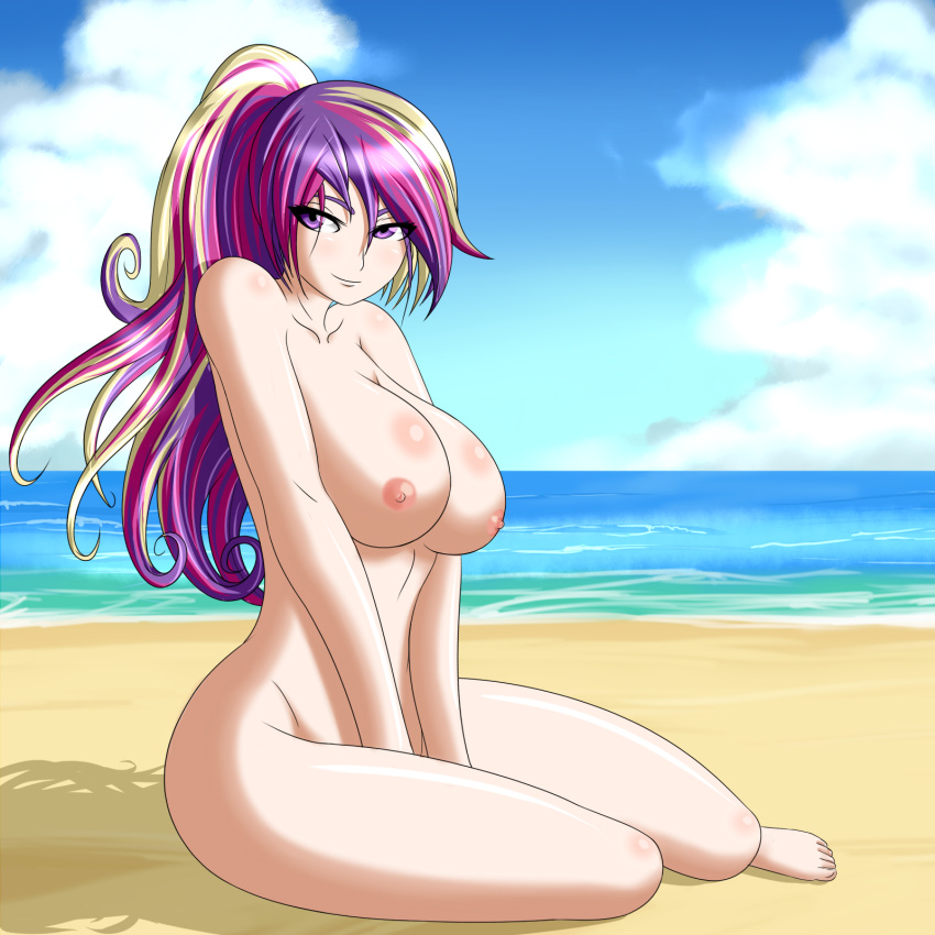 arms bare_legs bare_shoulders barefoot beach breasts cloud feet female friendship_is_magic hand_between_legs highres human humanized large_breasts legs lips long_hair looking_aside looking_away multicolored_hair my_little_pony navel nipples nude outdoors ponytail princess_cadance_(mlp) purple_eyes sand sitting sky smile solo tied_hair water zantyarz