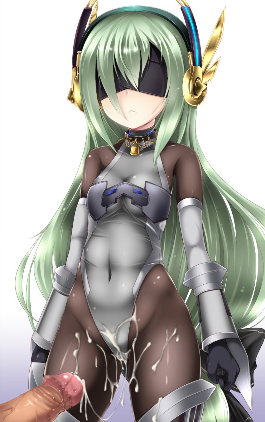 bare_shoulders black_gloves blindfold bodysuit censored collar cum cum_on_body cum_on_clothes cum_on_lower_body detached_sleeves emil_chronicle_online female gloves green_hair hair_ornament hairband highres leotard lock looking_at_viewer penis shimo_(depthbomb) solo solo_focus thighhighs