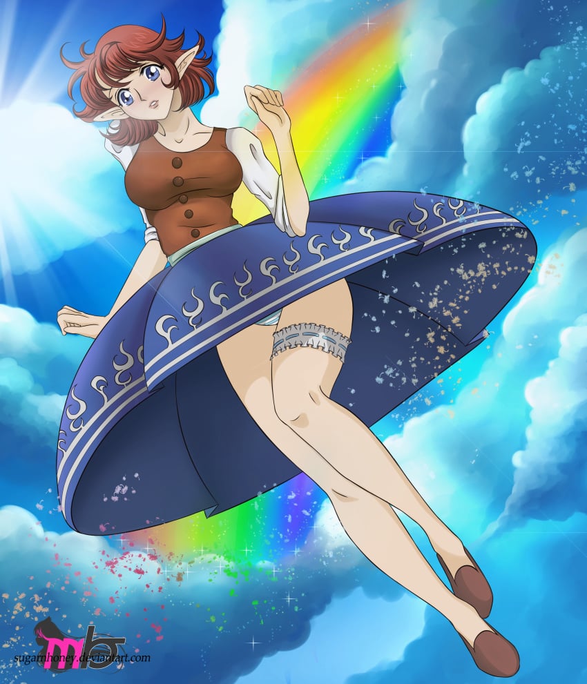 1girls anju breasts clothing cloud curvy female female_only hylian large_breasts nintendo ocarina_of_time panties rainbow skirt skirt_lift sky solo sugarnhoney sun the_legend_of_zelda upskirt