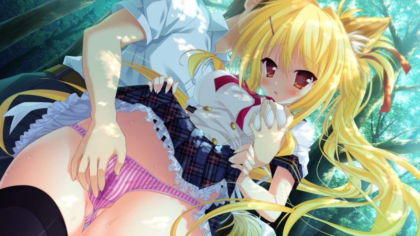 animal_ears blonde_hair breast_grab female fingering forest fox_ears game_cg karin_amagi long_hair magical_marriage_lunatics!! moonstone open_mouth panties red_eyes skirt skirt_lift striped striped_panties thighhighs tree underwear yamakaze_ran