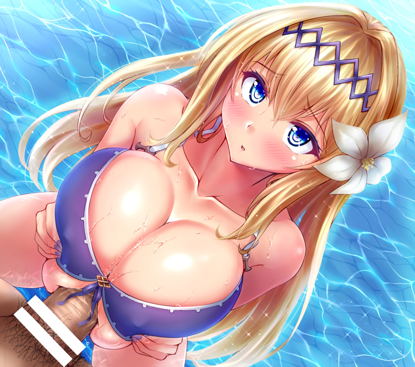 1boy :o bangs bar_censor bikini blonde_hair blue_eyes blush breast_squeeze breasts censored collarbone diadem dutch_angle eyebrows_visible_through_hair female flower front-tie_bikini front-tie_top granblue_fantasy hair_flower hair_intakes hair_ornament highres jeanne_d'arc_(granblue_fantasy) large_breasts lily_(flower) long_hair looking_at_viewer male_pubic_hair nail_polish paizuri paizuri_under_clothes penis perpendicular_paizuri pubic_hair purple_bikini purple_nails solo_focus sparkle stir255 straight swimsuit very_long_hair water white_flower