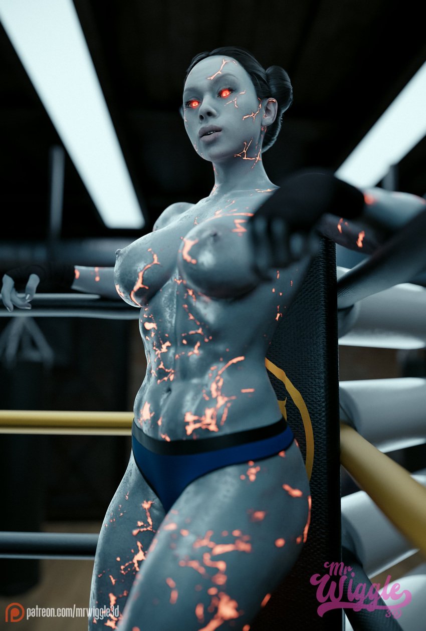 1girls 3d abs big_breasts black_hair boxing_ring breasts corruption digitalhell female glowing_eyes grey_skin kitana monster_girl mortal_kombat nipples red_eyes revenant_kitana solo topless