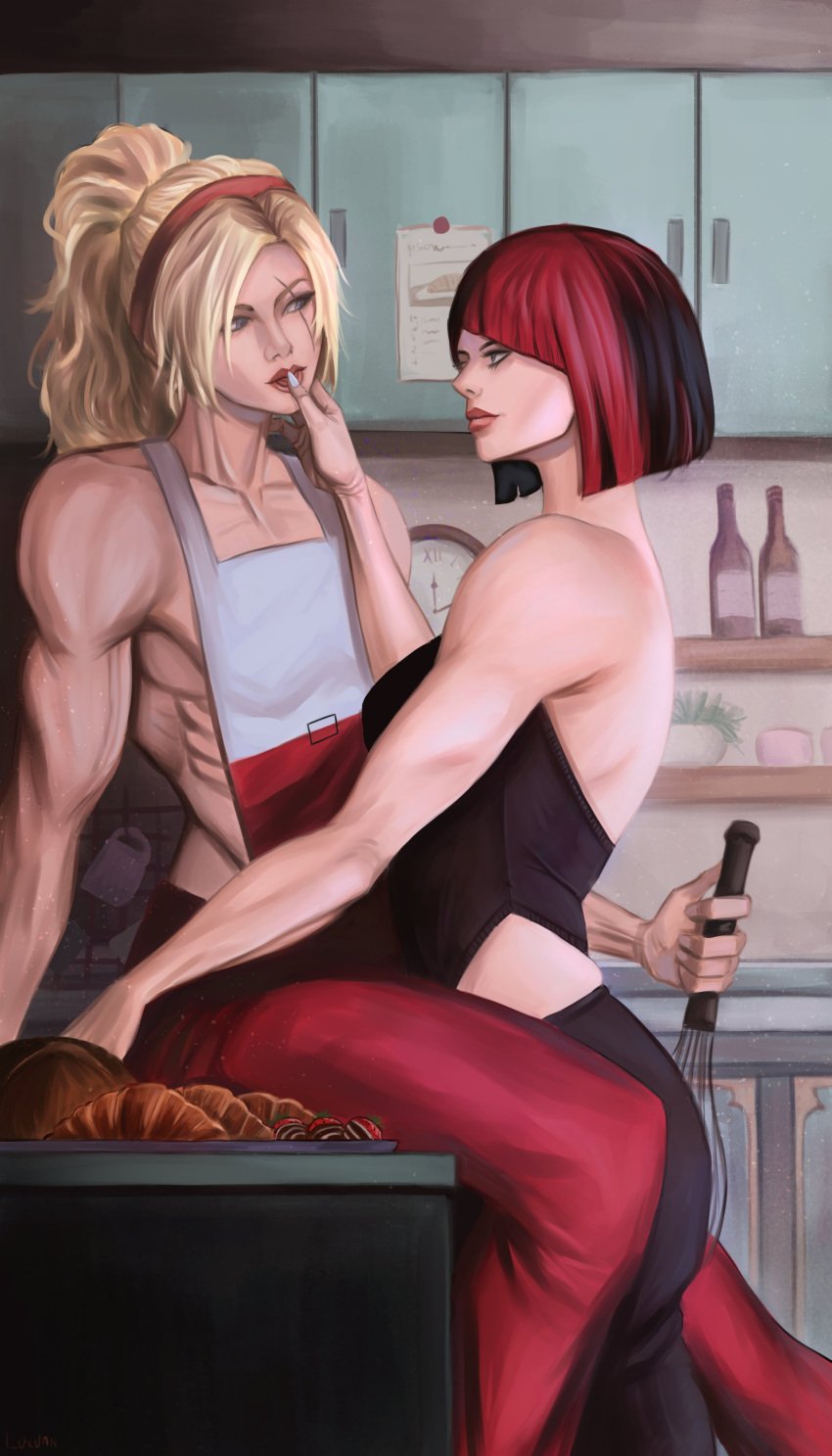 2girls anna_williams blonde_hair cooking inminent_sex kitchen lidia_sobieska luxuan muscular_female short_hair tekken tekken_8 twitter yuri