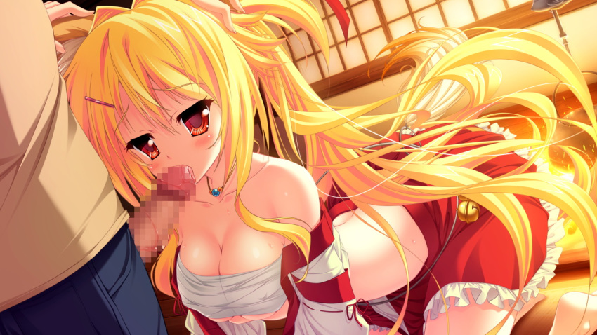 amagi_karin animal_ears blonde_hair blush censored collarbone female fox_ears game_cg long_hair magical_marriage_lunatics!! moonstone necklace open_mouth penis red_eyes yamakaze_ran