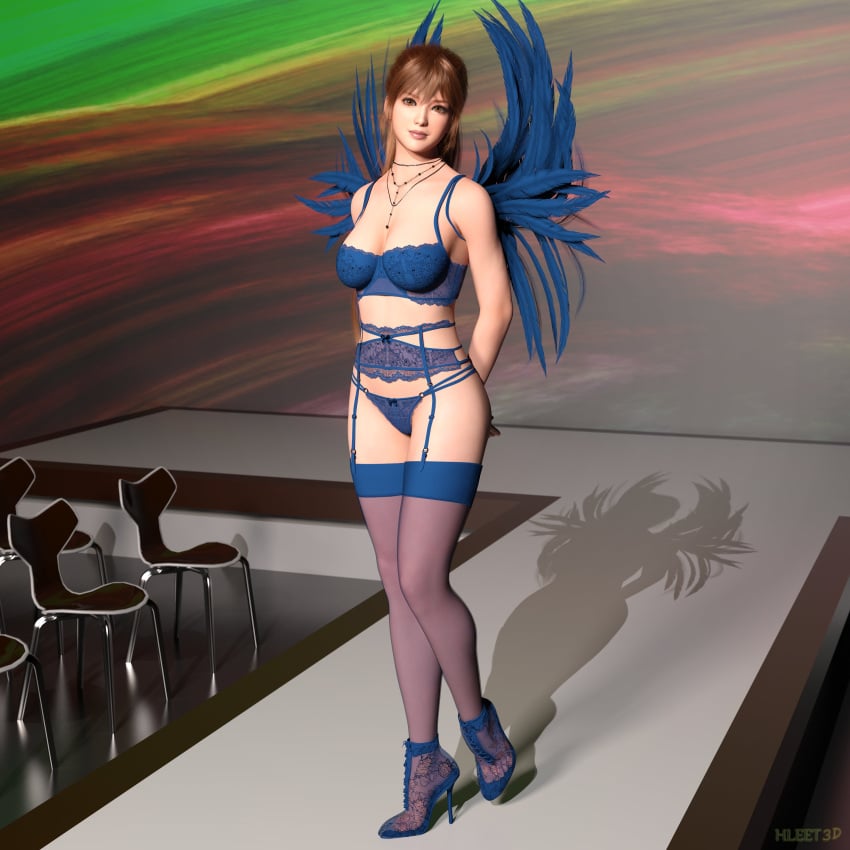 1girls 3d 3d_(artwork) 3d_model 3d_render artist_logo artist_name asian_female brown_eyes catwalk dead_or_alive fake_wings female female_only fit_female garter garter_belt garter_straps ginger high_heels highres hleet3d jewelry kasumi_(doa) lace lace-trimmed_bra lace-trimmed_garter_belt lingerie lingerie_only long_hair looking_at_viewer model modeling orange_hair pinup ponytail posing posing_for_the_viewer stage stiletto_heels thighhighs wings