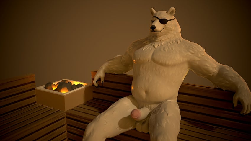 16:9 3d anthro balls bear belly digital_media_(artwork) epic_games erection fortnite fur genitals hi_res humanoid_genitalia humanoid_penis male mammal pawmakelove penis polar_bear polar_patroller sauna sitting solo ursine white_body white_fur widescreen