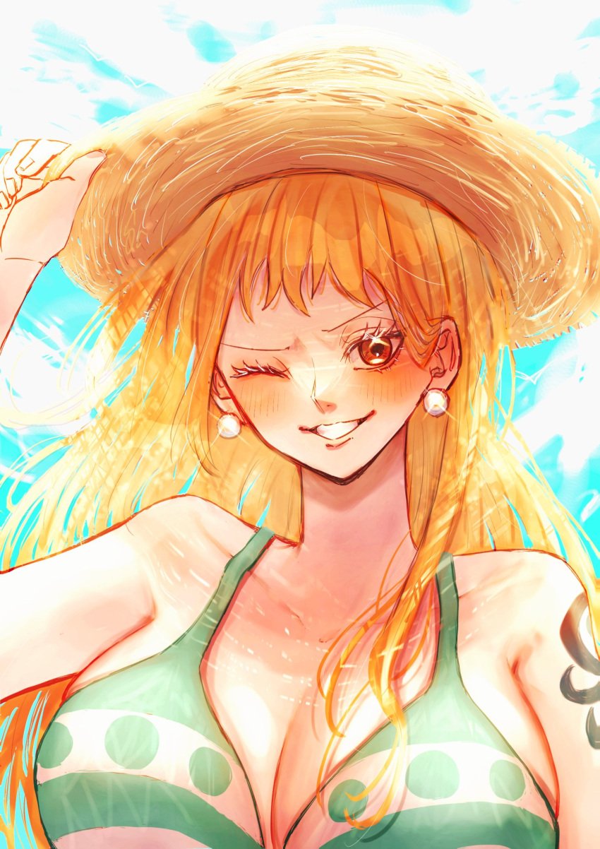 1girls big_breasts bikini bikini_top blush breasts cleavage clothing earrings facing_viewer female female_only hat headwear huge_breasts long_hair looking_at_viewer nami nami_(one_piece) one_eye_closed one_piece orange_eyes orange_hair sc_scandium straw_hat tattoo upper_body