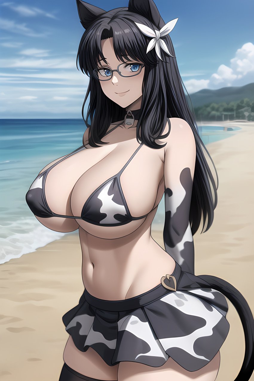 1girls ai_generated big_breasts black_hair blue_eyes cat_ears cat_tail catgirl cow_print cow_print_bikini female female_focus female_only huge_breasts large_breasts long_hair looking_at_viewer mature_female milf smile