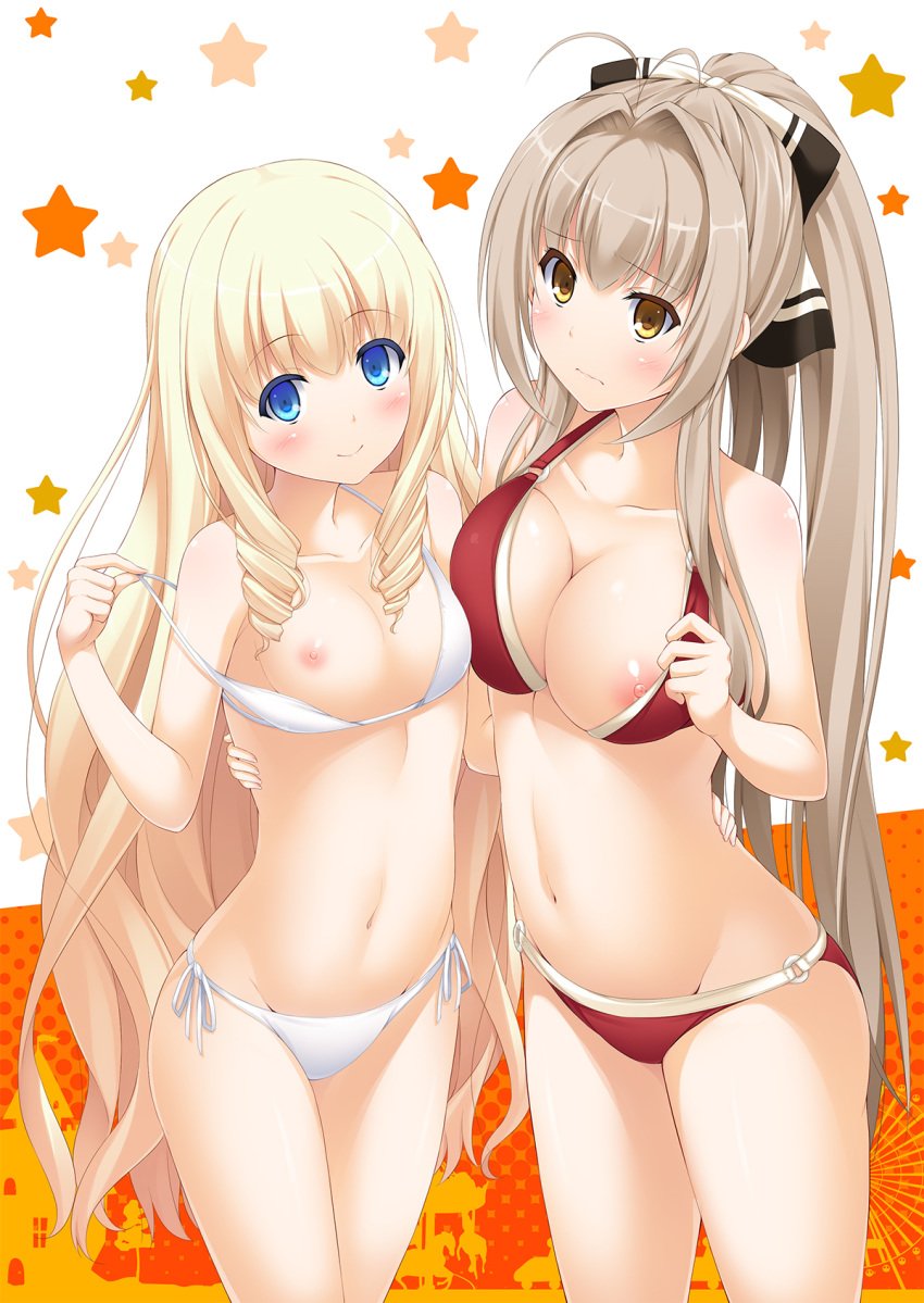 2girls ahoge amagi_brilliant_park bare_shoulders bikini blonde_hair blue_eyes blush breasts brown_eyes brown_hair cleavage cover cover_page drill_hair female_only hair_ribbon highres large_breasts latifa_fleuranza long_hair looking_at_viewer multiple_girls navel nectar_(fujiya) nipples o-ring_bottom o-ring_top ponytail red_bikini sento_isuzu shiny shiny_skin side-tie_bikini small_breasts smile standing swimsuit thighs tied_hair very_long_hair wavy_mouth white_bikini yellow_eyes