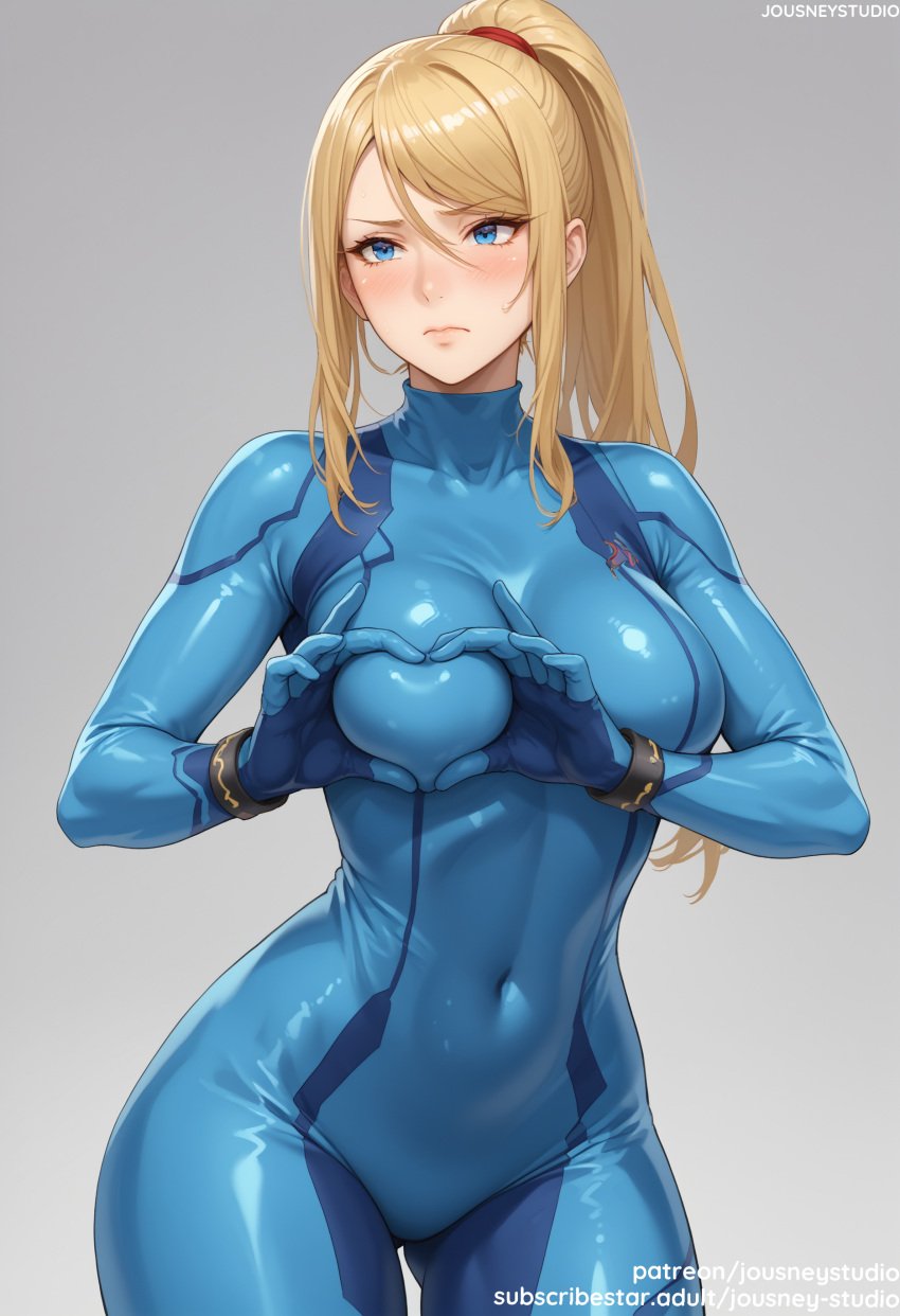 ai_generated bangs blonde_hair blue_bodysuit blue_eyes blush bodysuit breasts closed_mouth clothing covered_navel cowboy_shot female female female_only gradient grey_background hair_between_eyes heart heart_hands high_ponytail impossible_bodysuit jousneystudio large_breasts lips long_hair looking_at_viewer metroid mole navel nintendo parted_lips patreon_username ponytail samus_aran shiny shiny_clothes shiny_hair sidelocks simple_background skin_tight solo sweatdrop swept_bangs thighs tied_hair turtleneck watermark web_address zero_suit zero_suit_samus