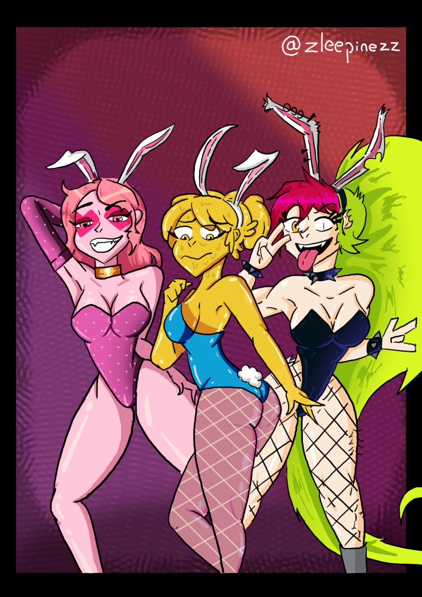 3girls black_eyes bunny_costume bunny_ears bunny_girl bunny_tail bunnysuit cartoon_network demencia_(villainous) g-lo_(villainous) green_hair lewd miss_heed_(villainous) multiple_girls pink_body pink_eyes pink_hair red_hair slime slime_girl stockings villainous white_skin yellow_body yellow_eyes yellow_hair zleepinezz