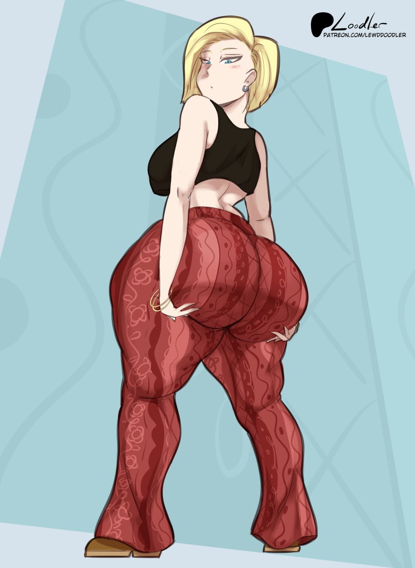 1girls android_18 ass blonde_hair caked_up dat_ass dragon_ball dragon_ball_super dragon_ball_z enormous_ass fat_ass female female_only flare_pants forbidden_pants huge_ass lewddoodler light-skinned_male light_skin looking_back pawg rear_view round_ass short_hair solo solo_female standing thick_thighs tight_clothing wide_hips