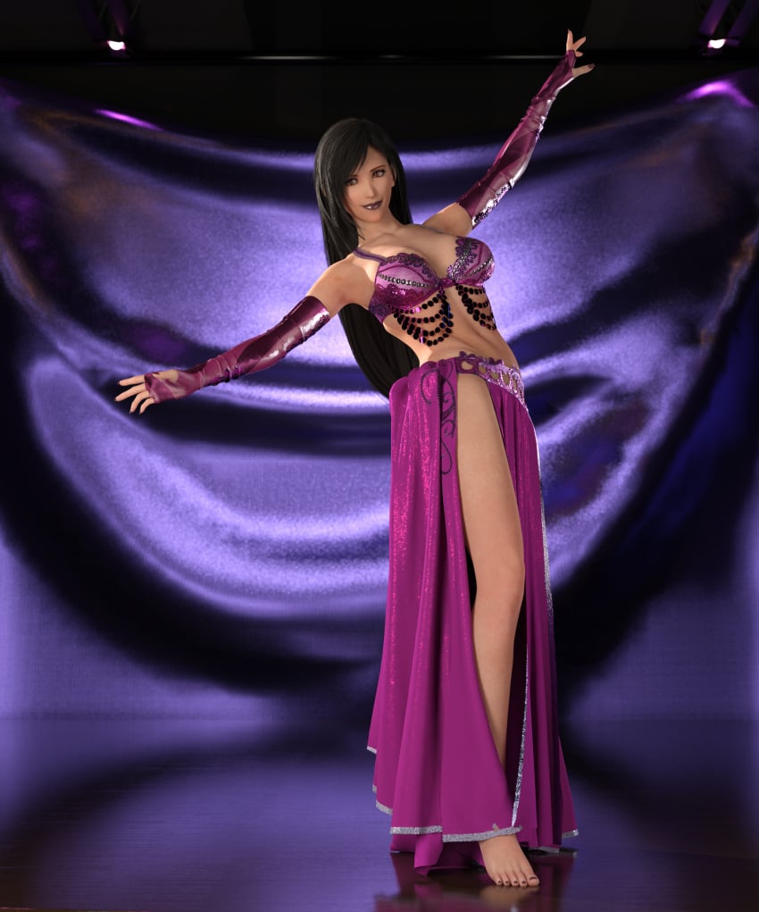 1girls 3d 3d_(artwork) 3d_model 3d_render barefoot belly_dancer belly_dancer_outfit black_hair bra dancer dancer_girl dancer_outfit dancing elbow_gloves exotic_dancer female female_only final_fantasy final_fantasy_vii final_fantasy_vii_rebirth final_fantasy_vii_remake fingerless_gloves fit_female gloves happyfunsexytime hfstime highres painted_nails painted_toenails posing purple_background red_eyes showing_leg simple_background skirt tifa_lockhart veil