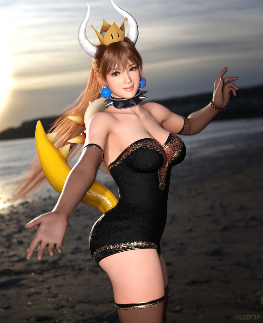 1girls 3d 3d_model 3d_render artist_logo artist_name asian_female beach bowsette bowsette_(cosplay) brown_eyes cleavage collar cosplay crown dead_or_alive earrings elbow_gloves female female_only fit_female ginger gloves highres hleet3d horns kasumi_(doa) leotard long_hair looking_at_viewer ocean ocean_background orange_hair pinup ponytail posing posing_for_the_viewer see-through_gloves shell spiked_collar spiked_shell spiked_tail stockings tail thighhighs