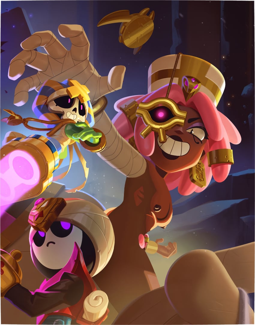 brawl_stars cleopatra dark_skin edit edited_image edited_official_artwork juju_(brawl_stars) loading_screen meeple_(brawl_stars) nude ollie_(brawl_stars) pubic_hair queen_juju red_hair zoom