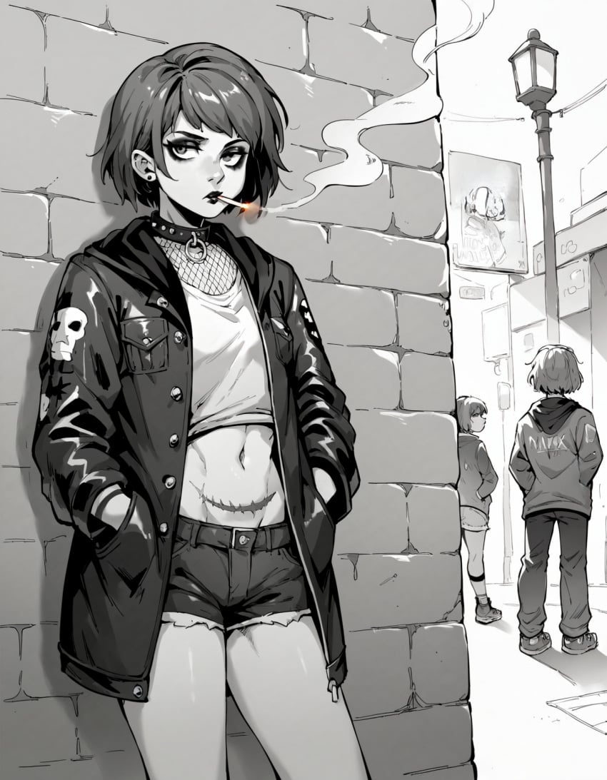 ai_generated alley bad_end bored collar jacket life_is_strange makeup max_caulfield monochrome navel prostitution rtxfus rtxfus34 scar shorts smoking smoking_cigarette street