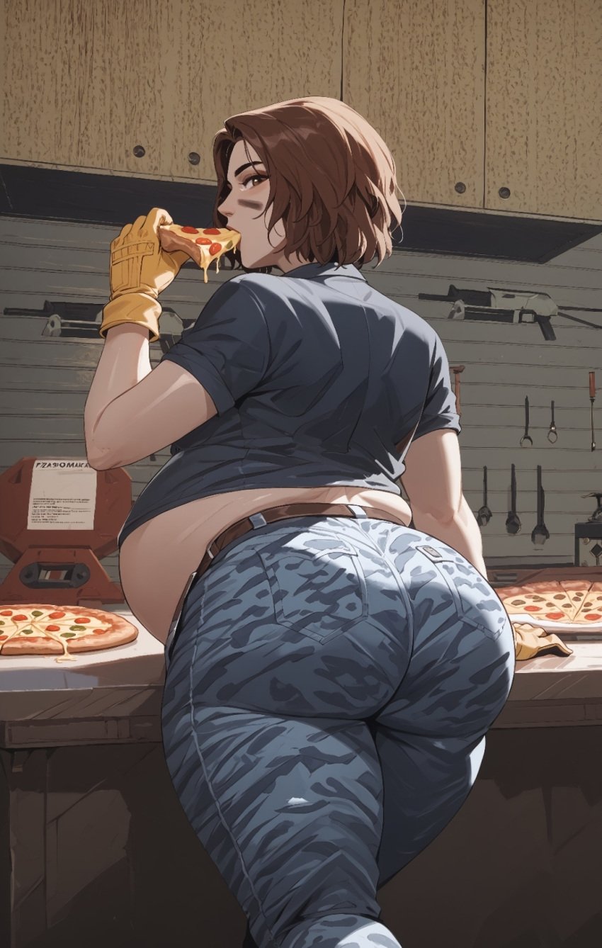 ai_generated ben03020 big_ass big_belly brown_eyes brown_hair eating facepaint looking_at_viewer mira_(rainbow_six) rainbow_six_siege stuffed_belly thick_thighs weight_gain