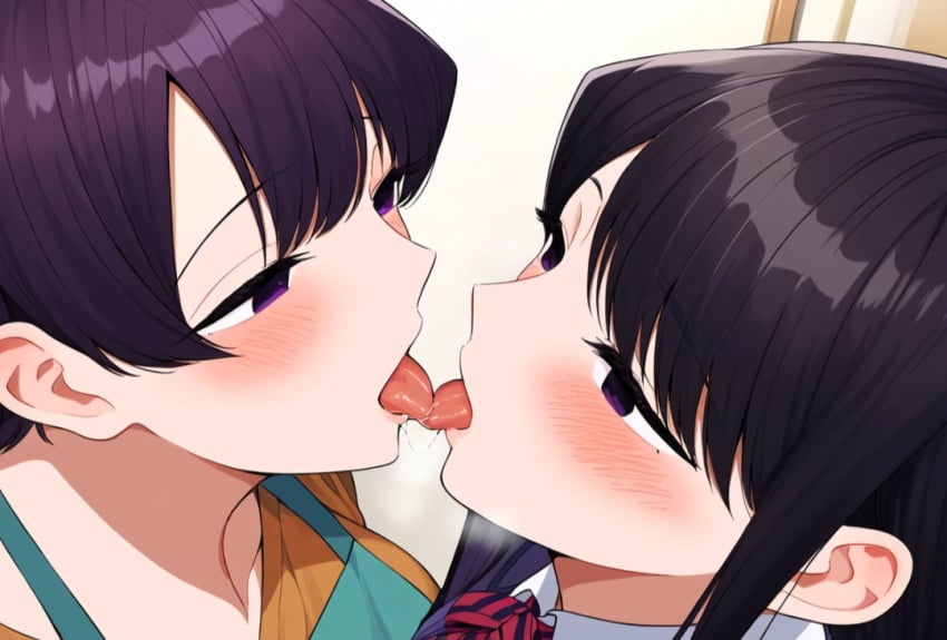 ai_generated blush daughter french_kiss fully_clothed incest komi-san_wa_komyushou_desu komi_shouko komi_shuuko long_hair making_out mother mother_and_daughter open_mouth purple_eyes purple_hair saliva short_hair tongue tongue_kiss yuri