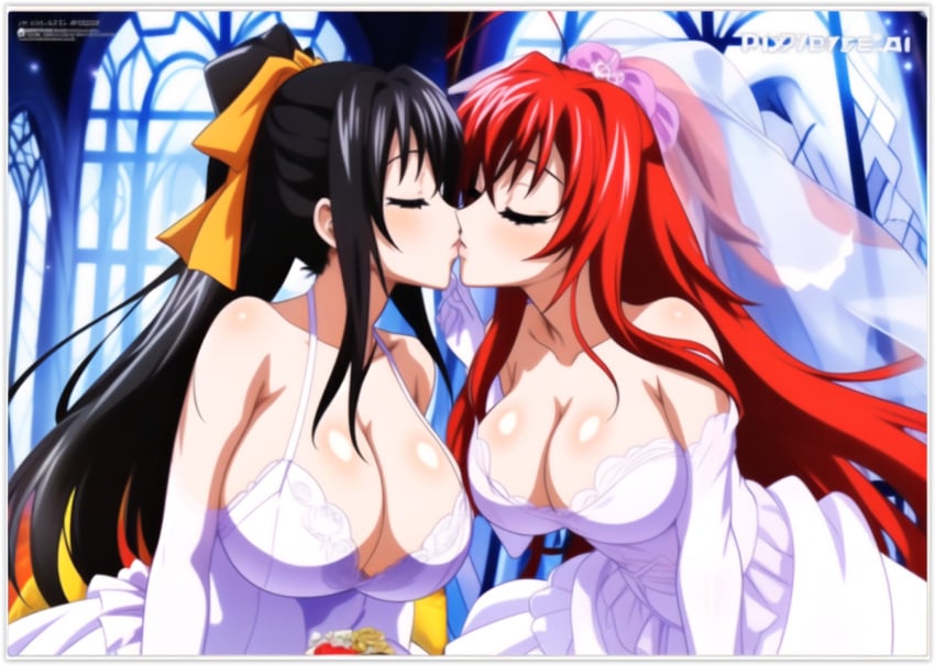 2girls ai_generated akeno_himejima flirting girl_on_girl girlfriends high_school_dxd kissing lesbian_couple lesbian_kiss lovers marriage rias_gremory wedding_dress wife_and_wife yuri yuri yuri