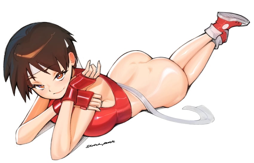 1girls ass ass_focus big_ass big_breasts bottomless bra breasts brown_eyes brown_hair capcom clothed female female_focus female_only gloves headband huge_ass laying_down laying_on_stomach looking_at_viewer sakura_kasugano short_hair sketchpunk solo solo_female solo_focus sports_bra sportswear street_fighter thick thick_ass thick_thighs tomboy