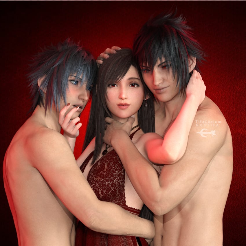 1girls 2boys 2boys1girl 3d 3d_(artwork) 3d_model 3d_render artist_logo artist_name babydoll black_hair blue_eyes clone corruption earrings female final_fantasy final_fantasy_vii final_fantasy_vii_rebirth final_fantasy_vii_remake final_fantasy_xv fit_female highres lingerie long_hair looking_at_viewer naked_male noctifa noctis_lucis_caelum older_female patreon patreon_username pinup posing red_eyes short_hair tifa_lockhart tifacaelum younger_male