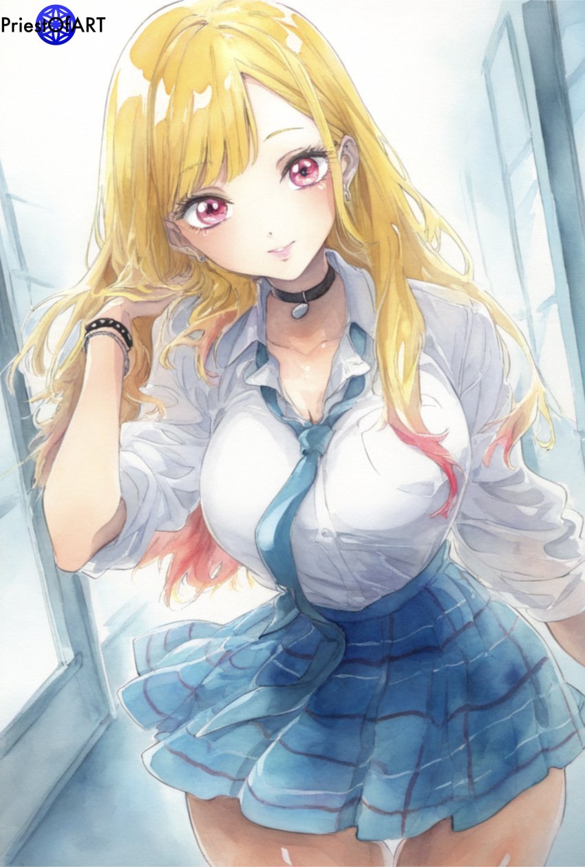 1girls ai_generated big_breasts blonde_female blonde_hair breasts busty choker color female female_only indoors kitagawa_marin large_breasts multicolored_hair pink_eyes priestofart school school_uniform schoolgirl shirt skirt solo solo_female solo_focus sono_bisque_doll_wa_koi_wo_suru tagme tagme_(artist) tagme_(character) watermark wide_hips