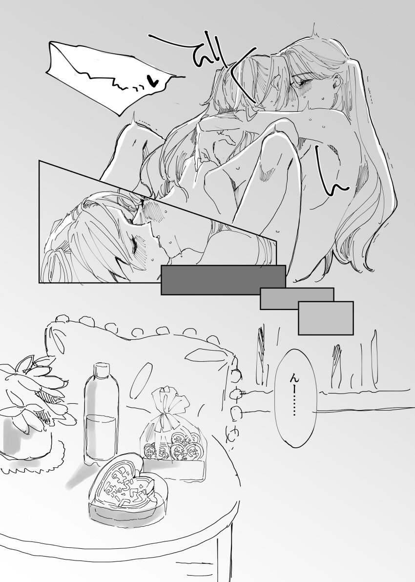 2girls absurdres arms_around_neck between_legs blush bottle box closed_eyes commentary_request completely_nude fingering french_kiss fujishima_megumi greyscale heart-shaped_box highres kissing link!_like!_love_live! long_hair love_live! monochrome multiple_girls nude osawa_rurino plant potted_plant shin_(shnnnnrn1) speech_bubble translation_request two_side_up water_bottle yuri