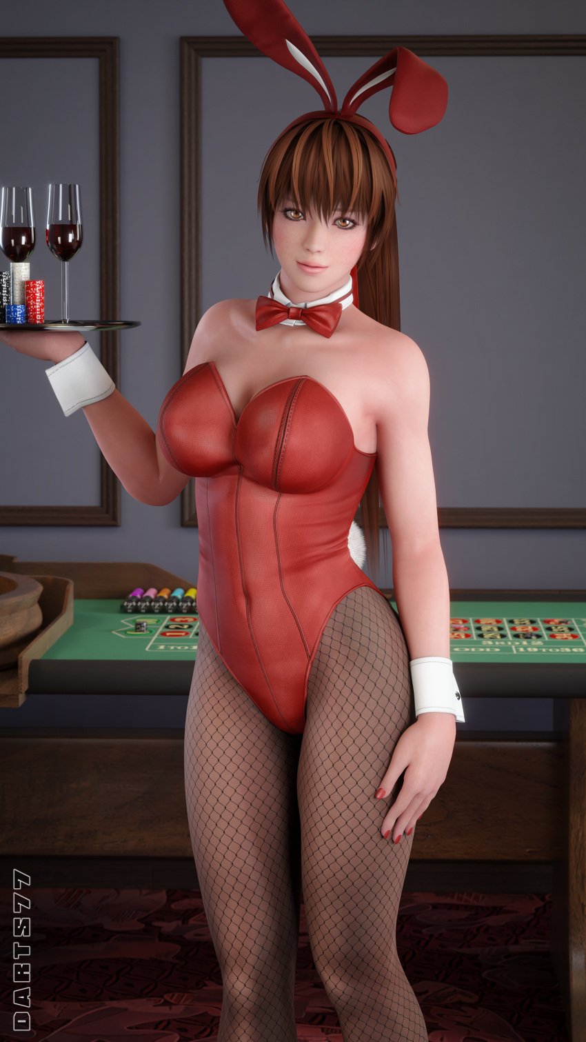 3d 3d_(artwork) 3d_model 3d_render animal_ears asian bunny_costume bunny_ears bunny_girl bunny_tail bunnysuit casino cleavage collar cuffs_(clothing) darts77 dead_or_alive fake_animal_ears fishnets fit_female ginger ginger_hair highres kasumi_(doa) looking_at_viewer orange_hair painted_nails pantyhose ponytail posing posing_for_the_viewer ribbon ribbon_collar serving_drink serving_tray waitress