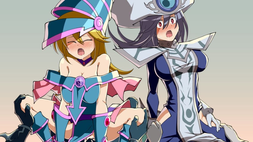 2boys 2girls blonde_hair blue_hat blush breasts brown_eyes cleavage closed_eyes clothed_sex commentary_request cowgirl_position cowgirl_position cum cum_in_pussy cum_overflow dark_magician_girl duel_monster gloves grey_background grey_hair hair_between_eyes hat heart hip_vent long_hair mizutenka multiple_boys multiple_girls open_mouth saliva sex silent_magician speech_bubble straddling sweat tabard vaginal_penetration variant_set white_gloves white_hat white_tabard wizard_hat yu-gi-oh!