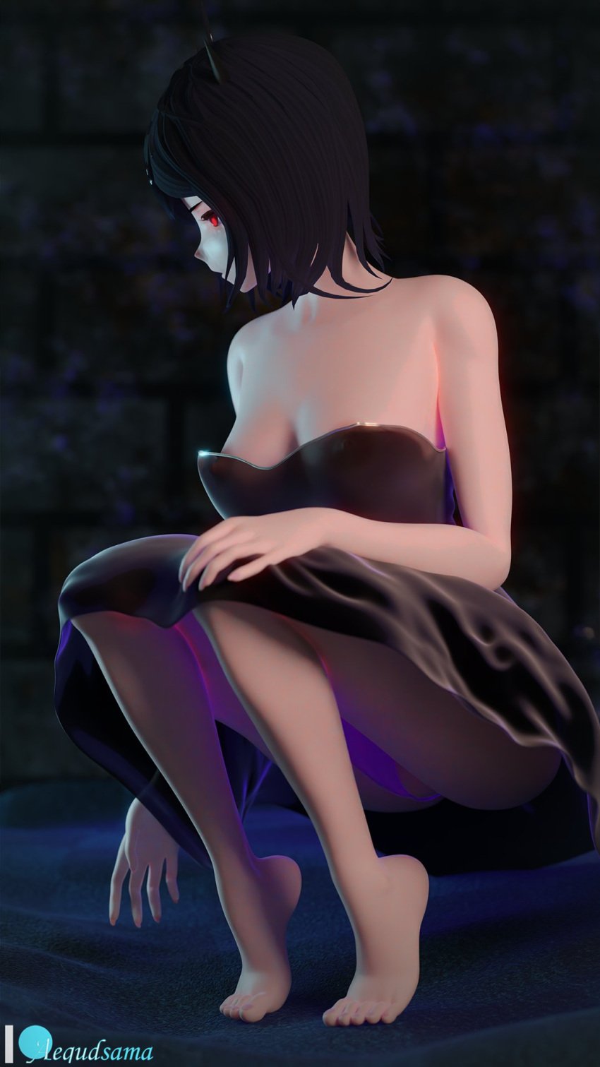 1girls 3d 3d_(artwork) aequd alternate_version_available barefoot black_clover black_dress clothed clothed_female dress female female_only full_body panties pussy secre_swallowtail solo solo_female squatting