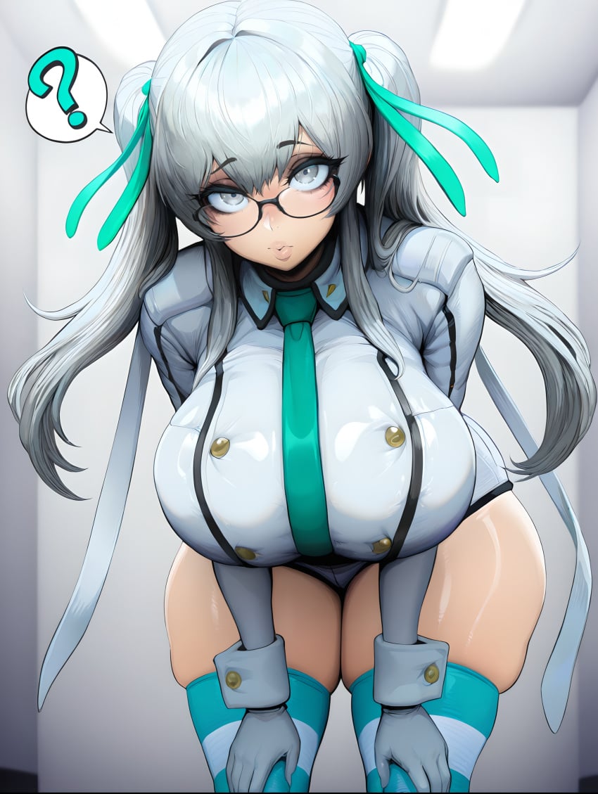 ai_generated bending_forward cute cute_face drifters female female_only glasses gloves grey_eyes grey_hair hands_on_legs huge_breasts large_ass large_breasts large_butt large_thighs looking_at_viewer mayyreel olmine olmine_(drifters) question_mark ribbon solo solo_focus thick_ass thick_legs thick_thighs twintails uniform white_hair