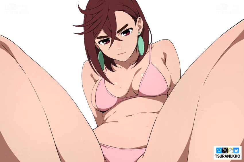 1girls ayase_momo big_breasts bra breasts brown_eyes brown_hair dandadan earrings female female_focus female_only looking_at_viewer medium_breasts panties solo solo_female solo_focus thick_thighs thighs tsuranukko watermark white_background