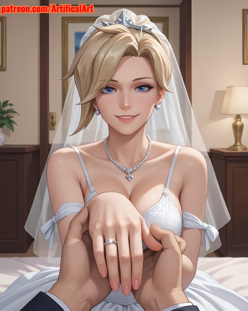 1girls ai_generated angel angela_ziegler artifical_art big_breasts blonde_female blonde_hair blue_eyes bride female hair_bun headwear jewelry light-skinned_female light_skin medium_breasts mercy mercy_(overwatch) overwatch overwatch_2 pearl_necklace ponytail wedding_dress wedding_ring wedding_veil