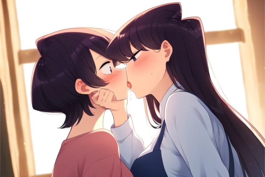 ai_generated blush daughter face_grab french_kiss fully_clothed incest kissing komi-san_wa_komyushou_desu komi_shouko komi_shuuko long_hair making_out mother mother_and_daughter open_mouth purple_eyes purple_hair saliva short_hair surprised sweat tongue tongue_kiss yuri