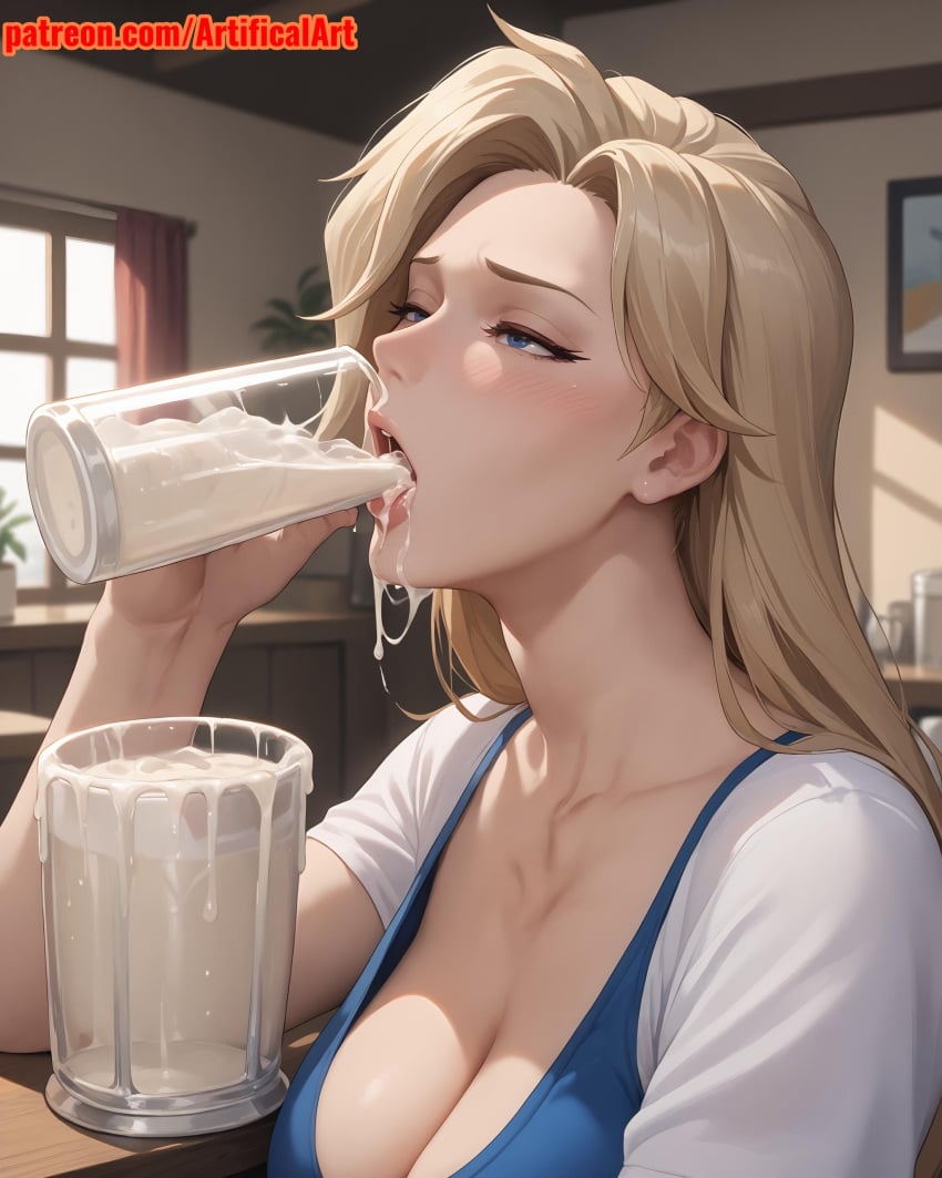 1girls ai_generated angel angela_ziegler artifical_art blonde_female blonde_hair blue_eyes blush cum cum_drinking cum_in_mouth dripping_cum dripping_semen hair_bun headwear light-skinned_female light_skin medium_breasts mercy mercy_(overwatch) open_mouth overwatch overwatch_2 ponytail semen semen_in_mouth solo