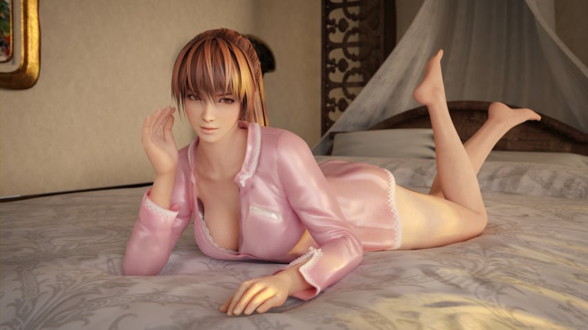 1girls 3d 3d_(artwork) 3d_model 3d_render asian bed bedroom brown_eyes cleavage dead_or_alive female female_only fit_female ginger hazel_eyes kasumi_(doa) laying_on_bed legs_up long_hair looking_at_viewer nightshirt nodern03 on_bed orange_hair pajamas posing posing_for_the_viewer sleepwear