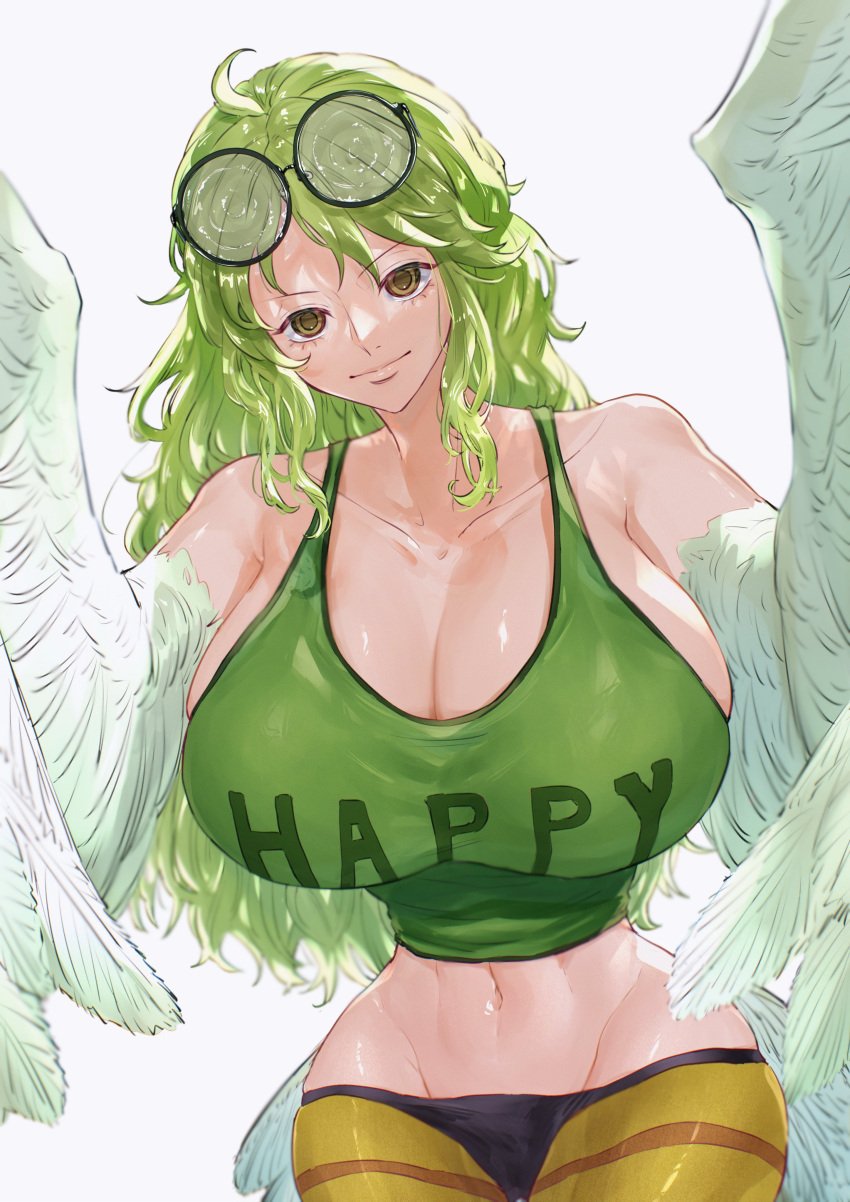 1girls big_breasts breasts breasts_bigger_than_head cleavage clothed clothing crop_top curvy curvy_figure facing_viewer feathered_wings female female_focus female_only glasses glasses_on_head green_eyes green_hair harpy harpy_girl hourglass_figure huge_breasts large_breasts light-skinned_female light_skin long_hair looking_at_viewer midriff monet_(one_piece) navel one_piece panties sc_scandium simple_background slim_waist solo text text_on_clothing thick_thighs thighs thin_waist white_background wide_hips wings