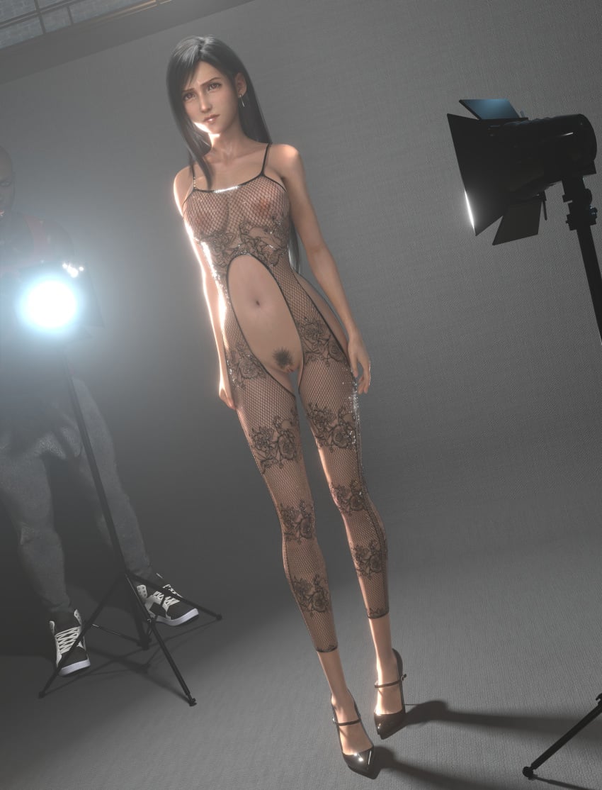 1boy 1girls 3d 3d_(artwork) 3d_model 3d_render areolae black_hair bodysuit breasts_visible_through_clothing dark-skinned_male exposed_pussy female final_fantasy final_fantasy_vii final_fantasy_vii_rebirth final_fantasy_vii_remake fishnet_bodysuit fishnets fit_female forced high_heels highres lingerie lingerie_only mieni3d modeling nipples nipples_visible_through_clothing photoshoot red_eyes spotlight tifa_lockhart visible_pussy