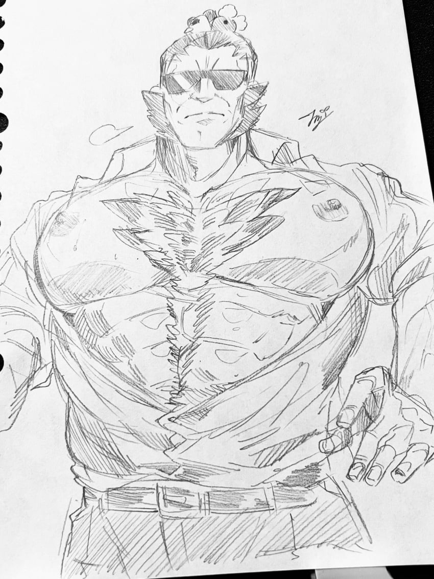 bara big_pecs chest_hair facial_hair fumimimimidory male male_only monochrome muscles muscular nintendo open_clothes open_shirt pokemon pokemon_legends:_z-a sideburns solo solo_male vinnie_(pokemon)