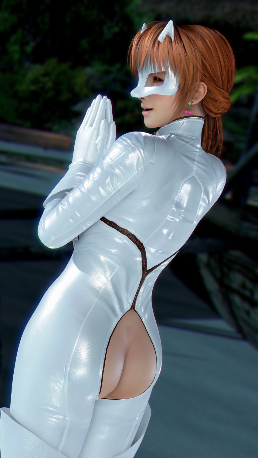 1girls 3d 3d_(artwork) 3d_model 3d_render asian ass_focus asscheeks ayoedoaxvv bodysuit boots brown_eyes dead_or_alive earrings female female_only fit_female fox_mask ginger gloves hazel_eyes kasumi_(doa) long_hair mask masked_female orange_hair outside posing shiny_suit thigh_boots visible_ass