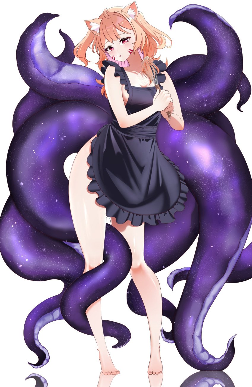 animal_ears bangs bare_arms bare_legs bare_shoulders barefoot black_dress blush breasts brown_hair cleavage collarbone dress eyebrows_visible_through_hair female frilled_dress frills full_body large_breasts long_hair looking_at_viewer medium_breasts naked_apron purple_dress red_eyes simple_background sleeveless sleeveless_dress smile solo squchan_(vtuber) standing tail tentacle virtual_youtuber vyugen white_background