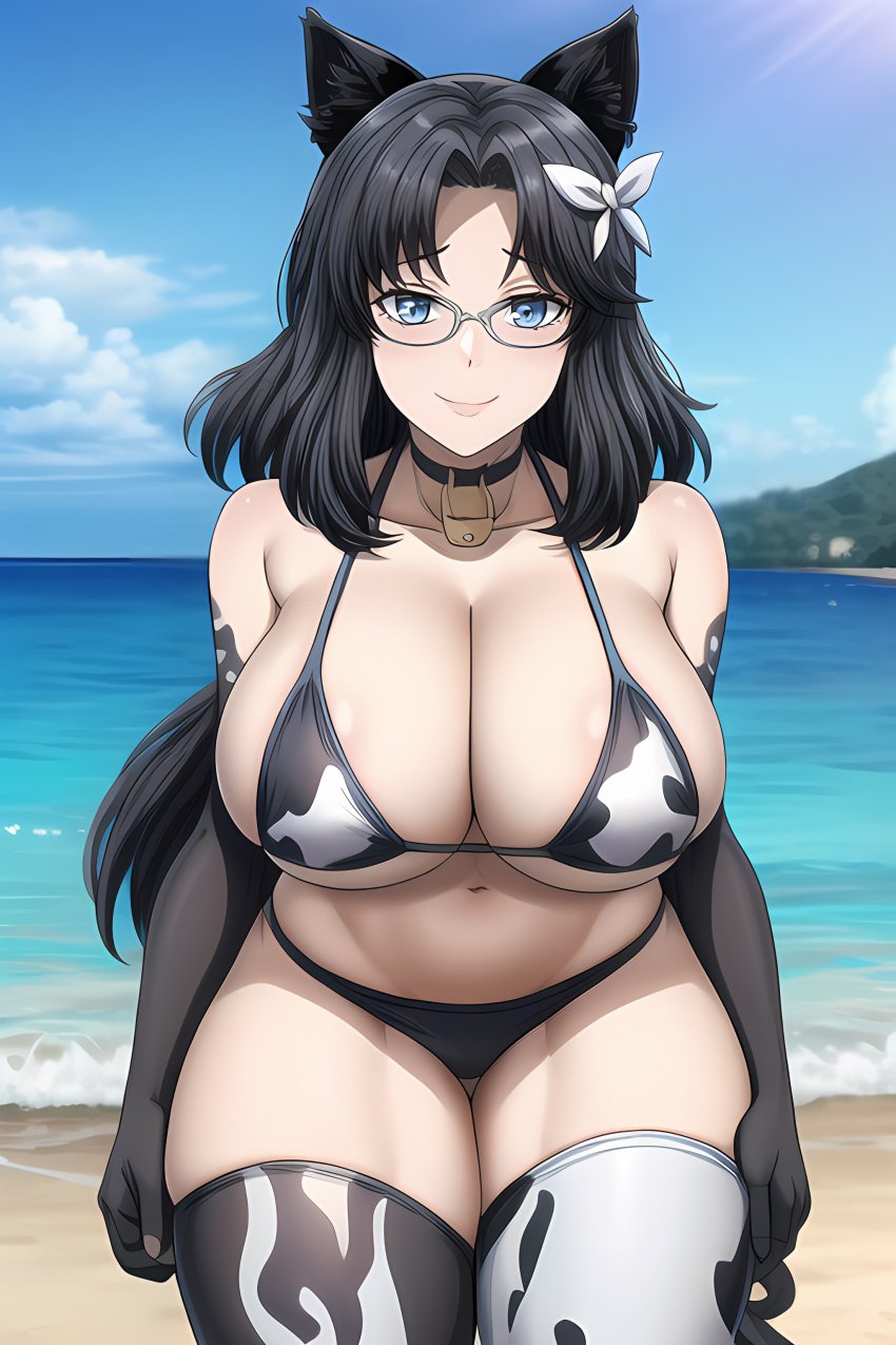 1girls ai_generated big_breasts black_hair blue_eyes cat_ears cat_tail catgirl cow_print cow_print_bikini female female_focus female_only huge_breasts large_breasts long_hair looking_at_viewer mature_female milf smile