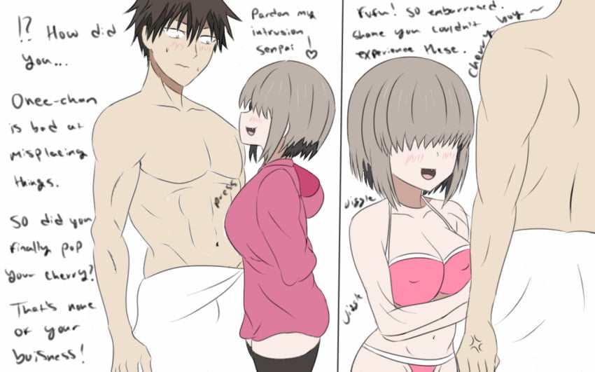 1boy1girl anger_vein arm_under_breasts baggy_clothing big_breasts blush blush_lines bob_cut bra breast_press eyeless_female hair_covering_eyes hair_over_eyes height_difference hoodie huge_breasts larger_male legwear male/female muscular_male nipple_bulge oerba_yun_fang older_male_younger_female pale-skinned_female panties partially_clothed_male sakurai_shinichi short_hair shortstack silver_hair size_difference sketchintheshade smaller_female teasing thighhighs uzaki-chan_wa_asobitai! uzaki_yanagi