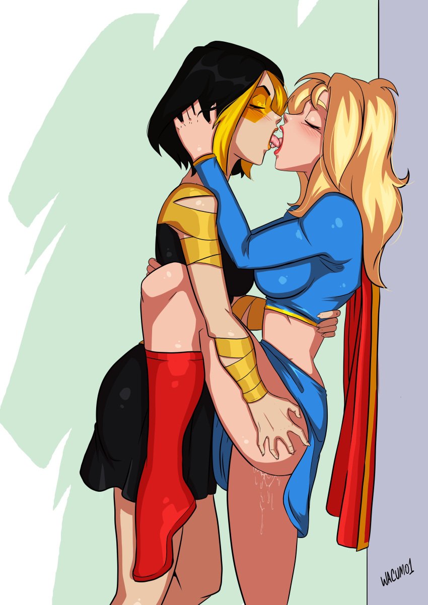 2girls black_hair blonde_hair closed_eyes dc_comics female golden_glider kissing pussy_juice supergirl thigh_grab tongue tongue_out two_tone_hair wacum wet_pussy yuri