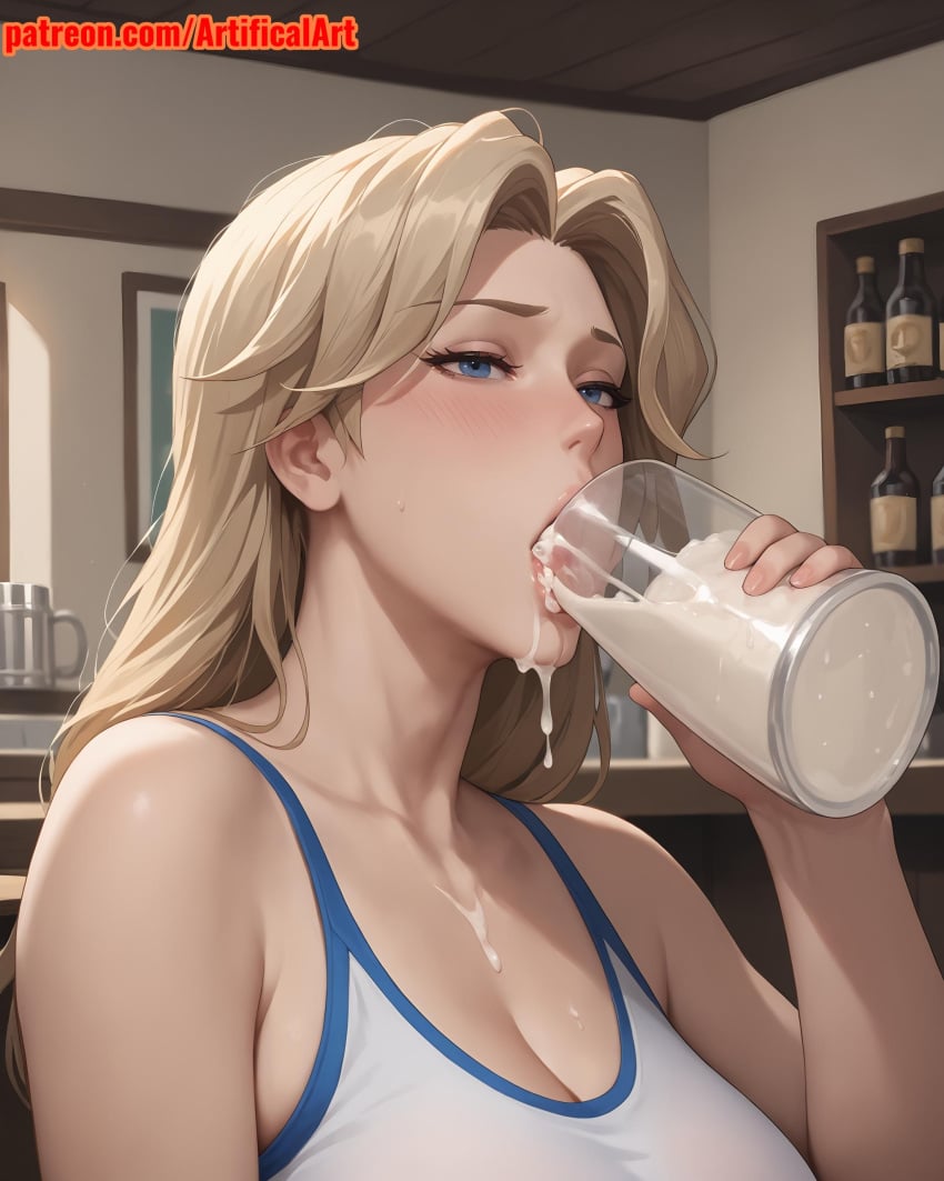 1girls ai_generated angel angela_ziegler artifical_art blonde_female blonde_hair blue_eyes blush cum cum_drinking cum_in_mouth hair_bun headwear light-skinned_female light_skin medium_breasts mercy mercy_(overwatch) open_mouth overwatch overwatch_2 ponytail semen semen_in_mouth solo