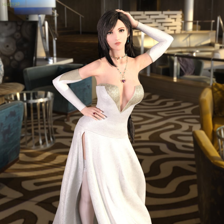 1girls 3d 3d_(artwork) 3d_model 3d_render artist_logo artist_name black_hair bridal_gauntlets bride cleavage dress earrings female female_only final_fantasy final_fantasy_vii final_fantasy_vii_rebirth final_fantasy_vii_remake fit_female highres hleet3d jewelry lace-trimmed_thighhighs long_hair looking_at_viewer low_cut_dress necklace pinup posing posing_for_the_viewer red_eyes side_slit sleeves stockings thighhighs tifa_lockhart wedding_dress