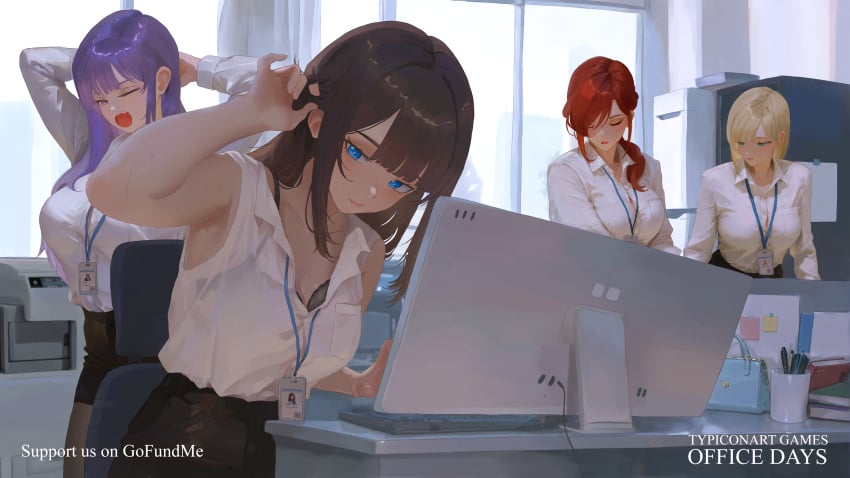 2d 2d_(artwork) 2d_artwork 4girls anime anime_girl anime_style big_ass big_breasts big_butt brown_hair clothed clothed_female clothing girl girls girls_only office office_days office_lady rcade red_hair smile smiley_face sweat sweatdrop typiconart video_games violet_hair working yellow_hair